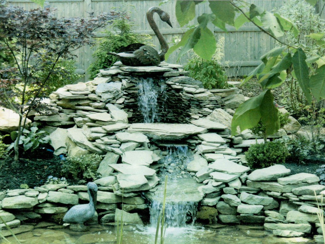 Barrington NH backyard Landscape - Rock Water Fall with Swan